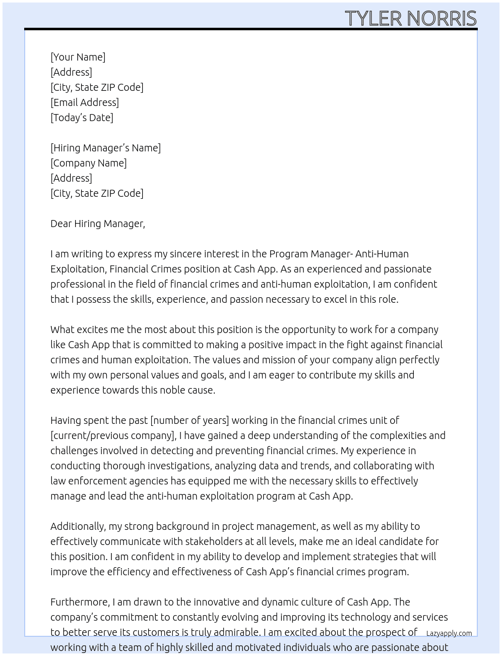 Program Manager- Anti-Human Exploitation, Finantial Crimes At Cash App Cover Letter