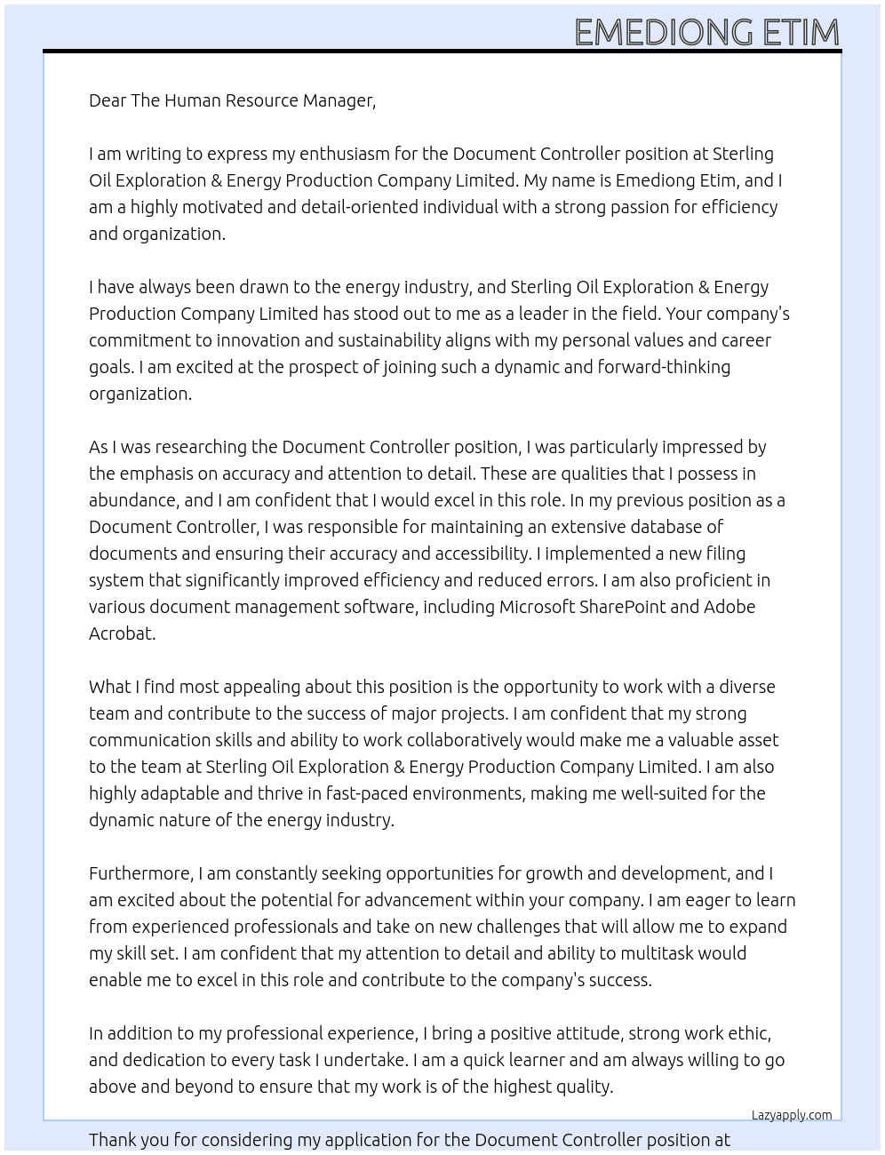 Document Controller At Sterling Oil Exploration & Energy Production Company Limited  Cover Letter