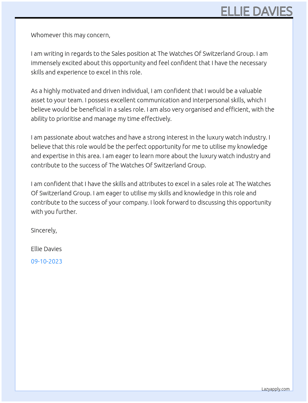 Sales  At The Watches Of Switzerland Group Cover Letter