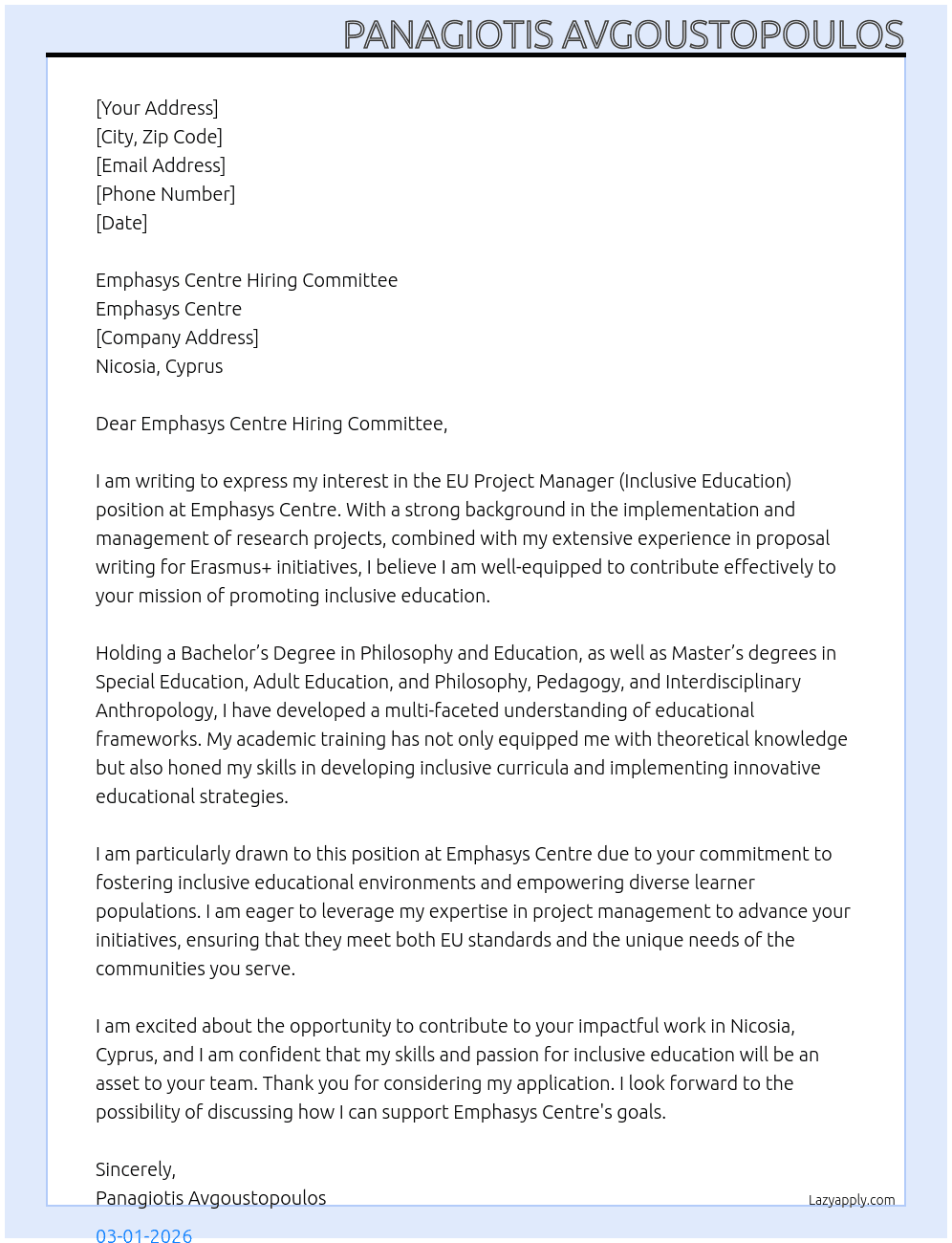 EU Project Manager (Inclusive Education) At Emphasys Centre Cover Letter