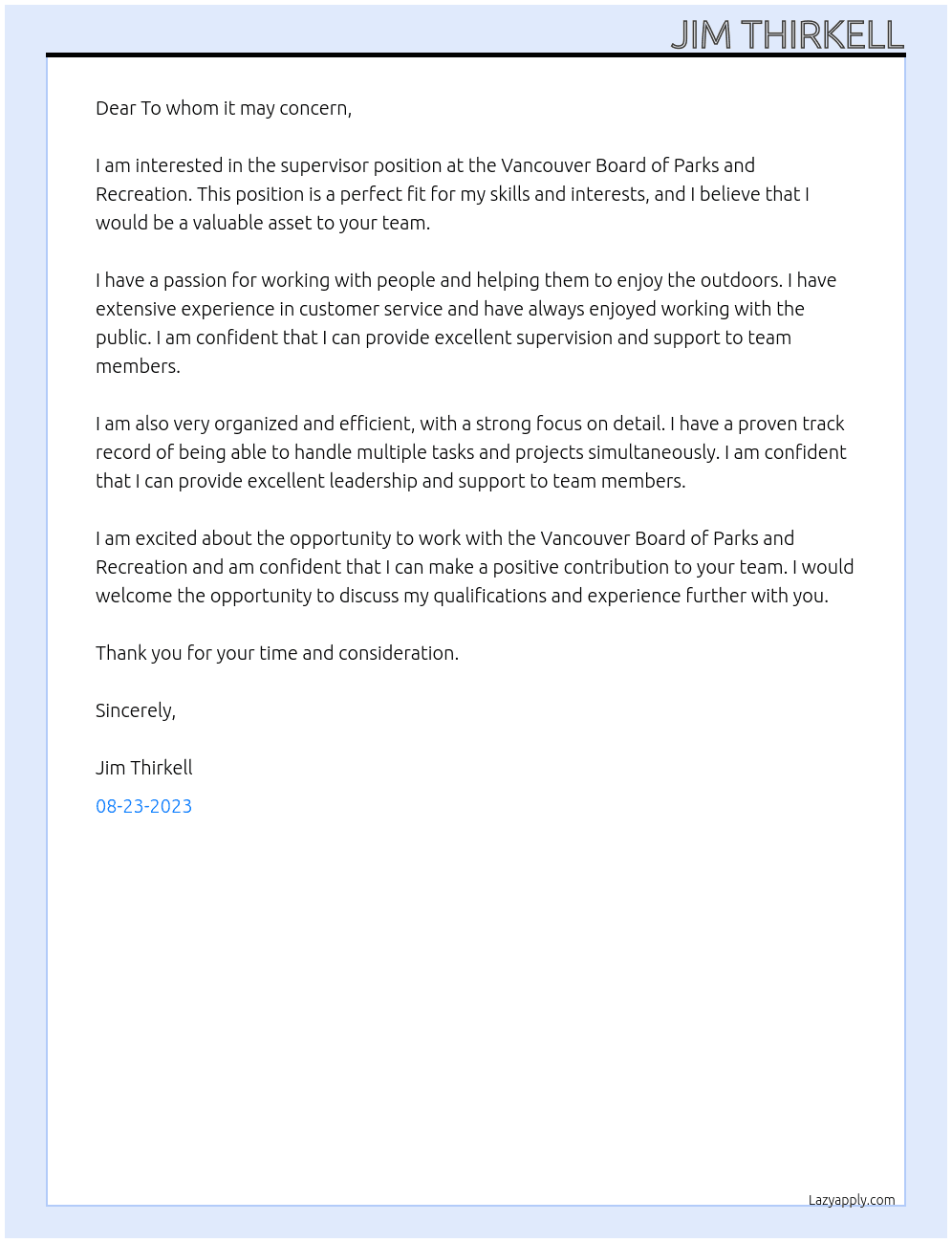 Supervisor At Vanvouver Board of Parks and Recreatioon Cover Letter