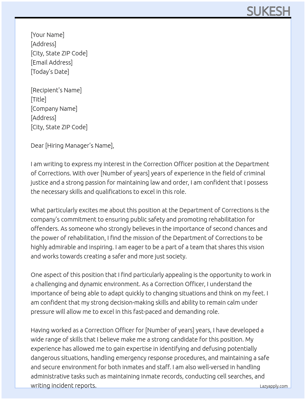 Correction officer At Department of Corrections Cover Letter