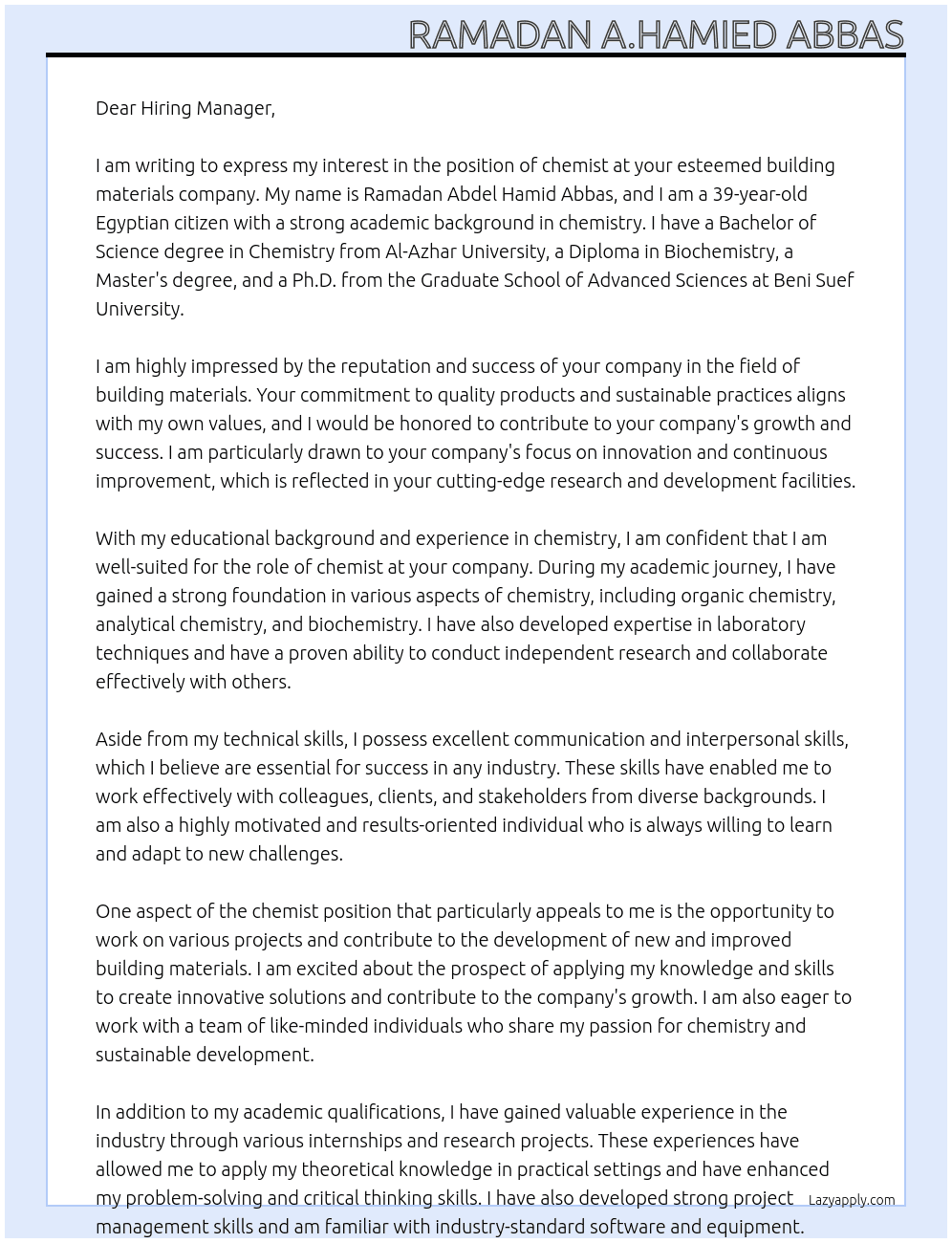 chemist  At building materials companies  Cover Letter