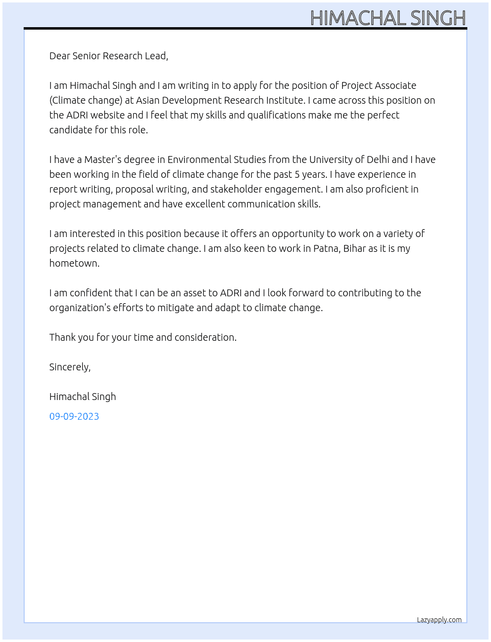 Project Associate (Climate change) At Asian Development Research Institute Cover Letter