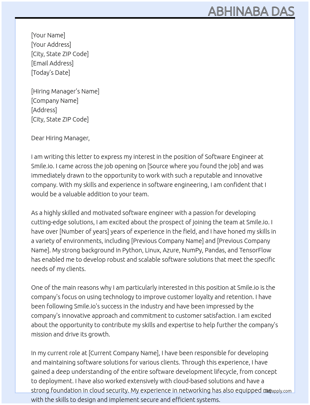 Software Engineer At Smile.io Cover Letter