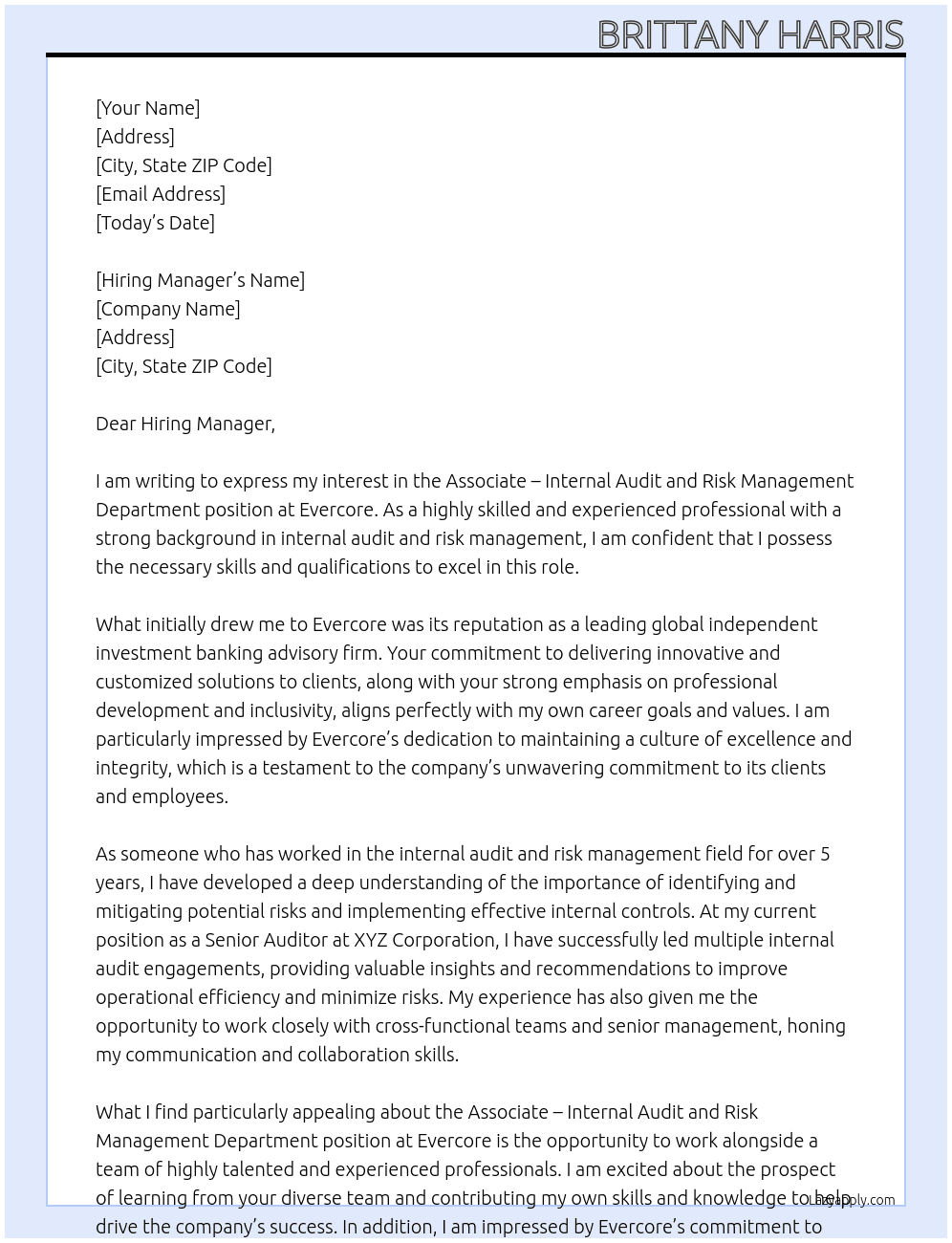 Associate – Internal Audit and Risk Management Department At Evercore Cover Letter