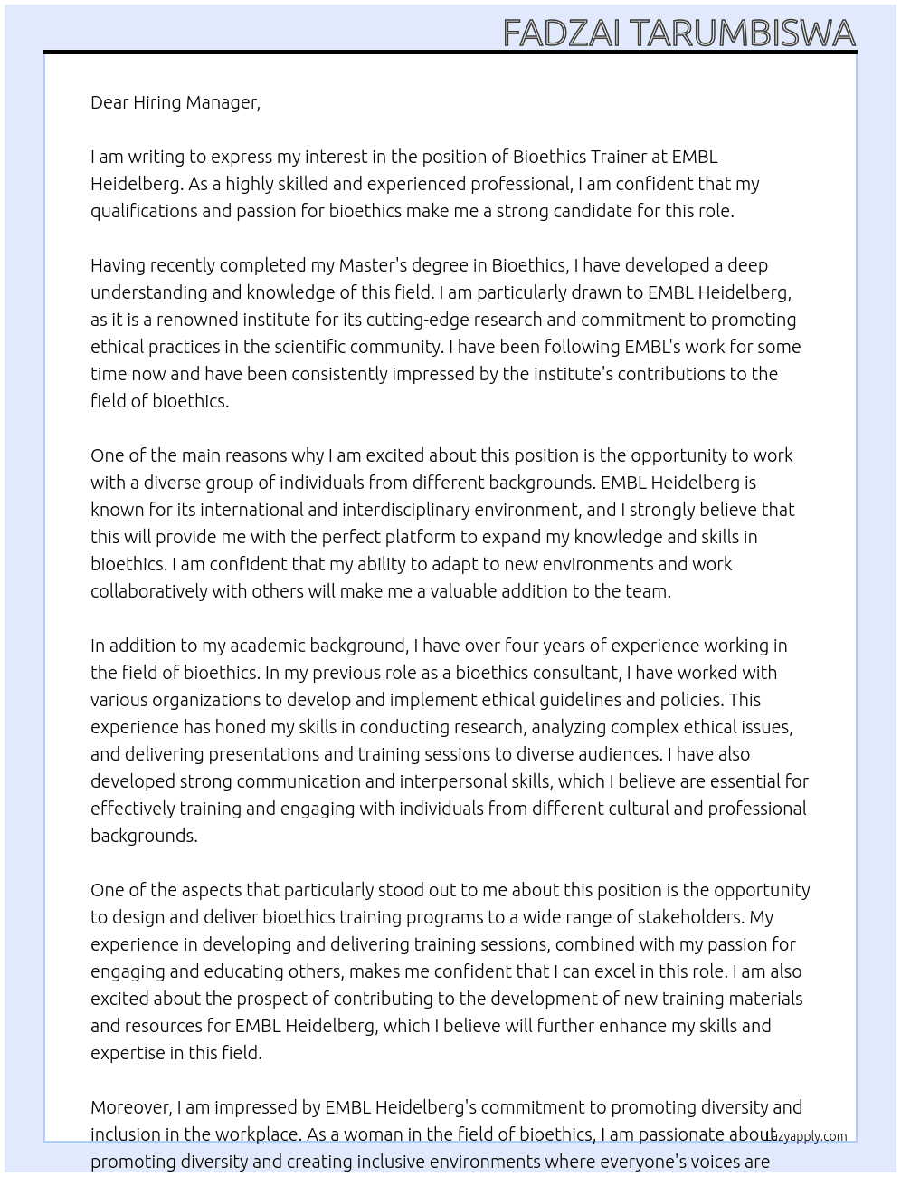 Bioethics Trainer At EMBL Heidelberg Cover Letter