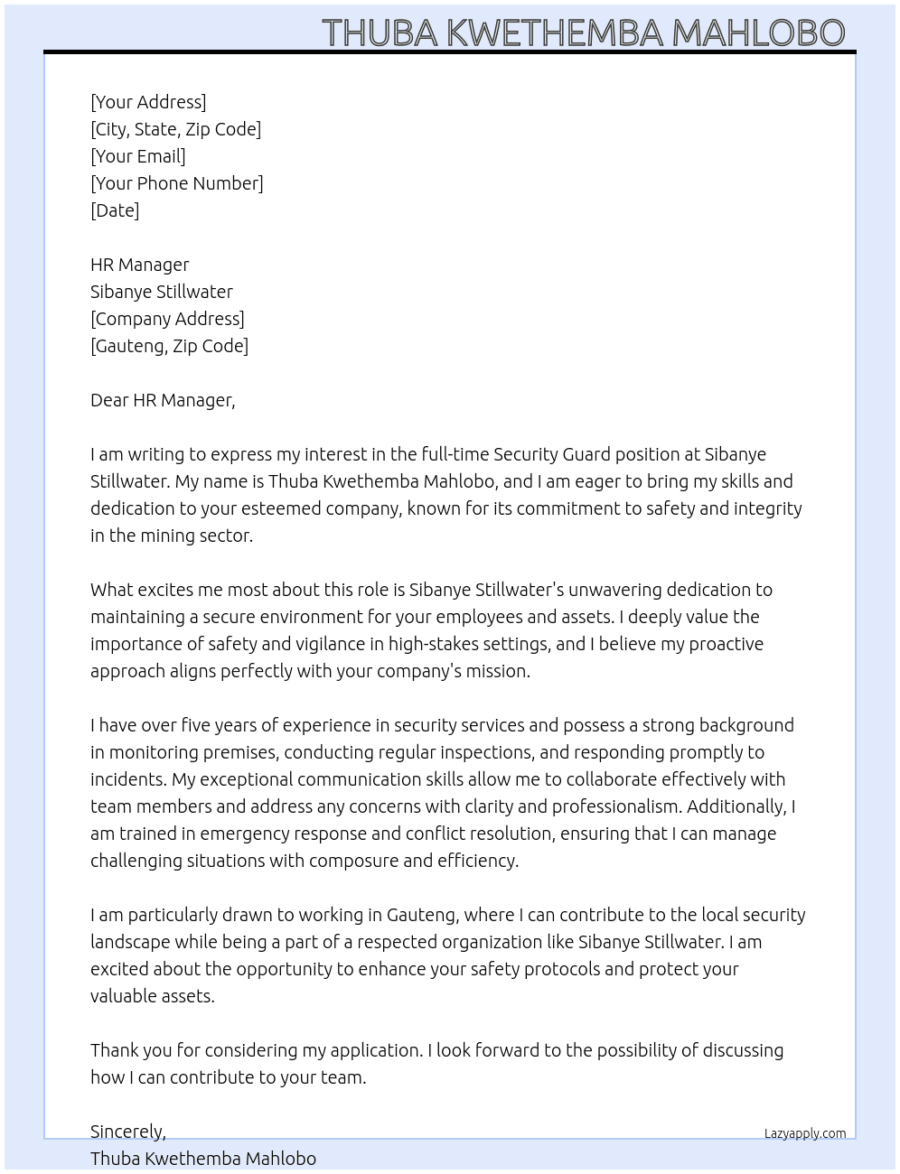 Security guard  At Sibanye stillwater  Cover Letter