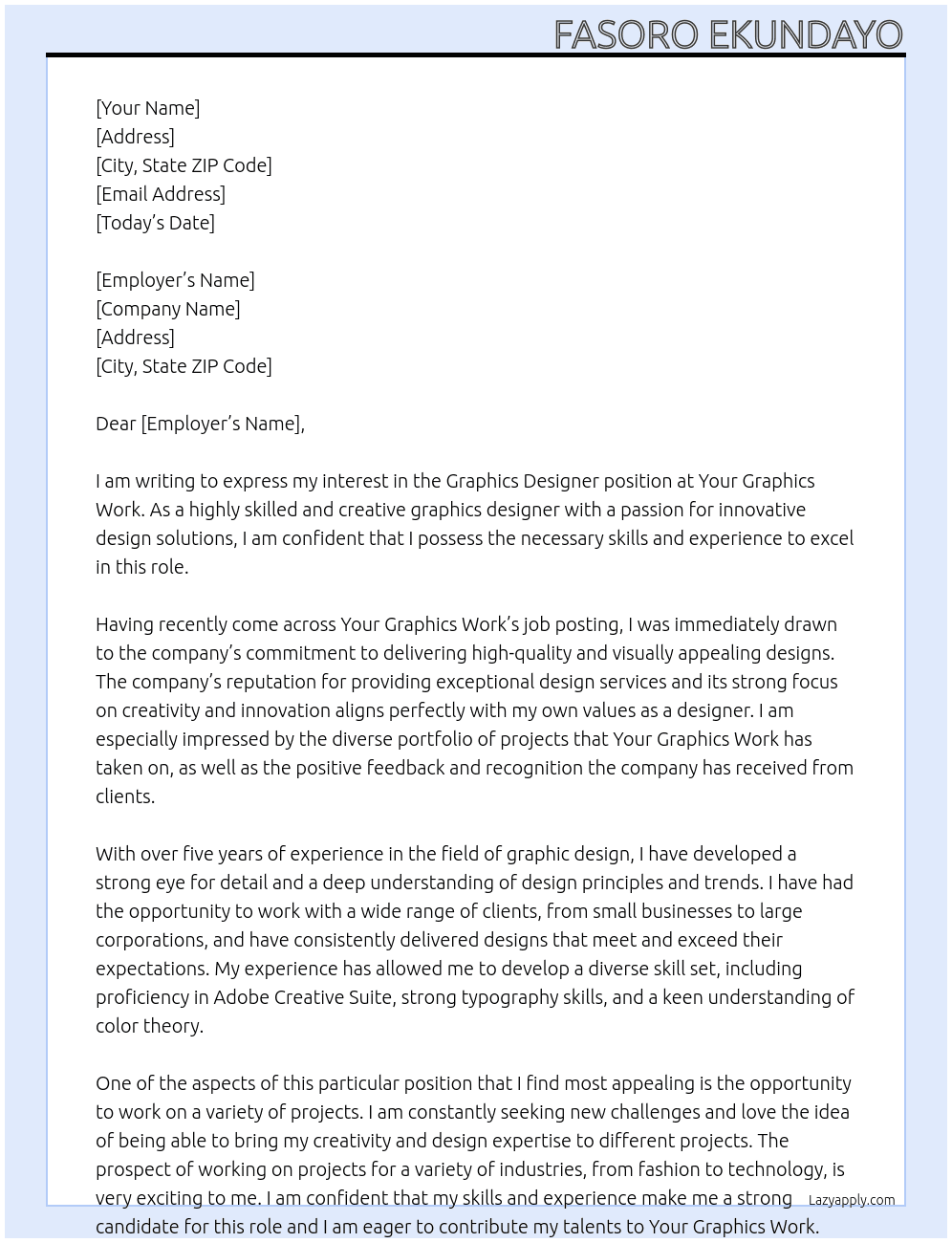 Graphics designer At Your graphics work Cover Letter