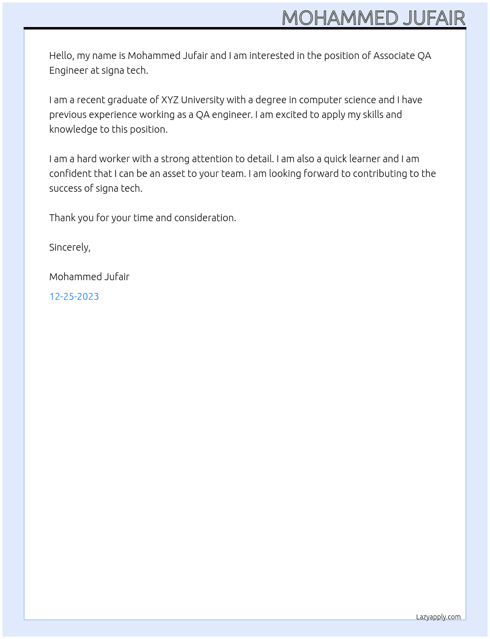 Associate QA Engineer At signa tech Cover Letter