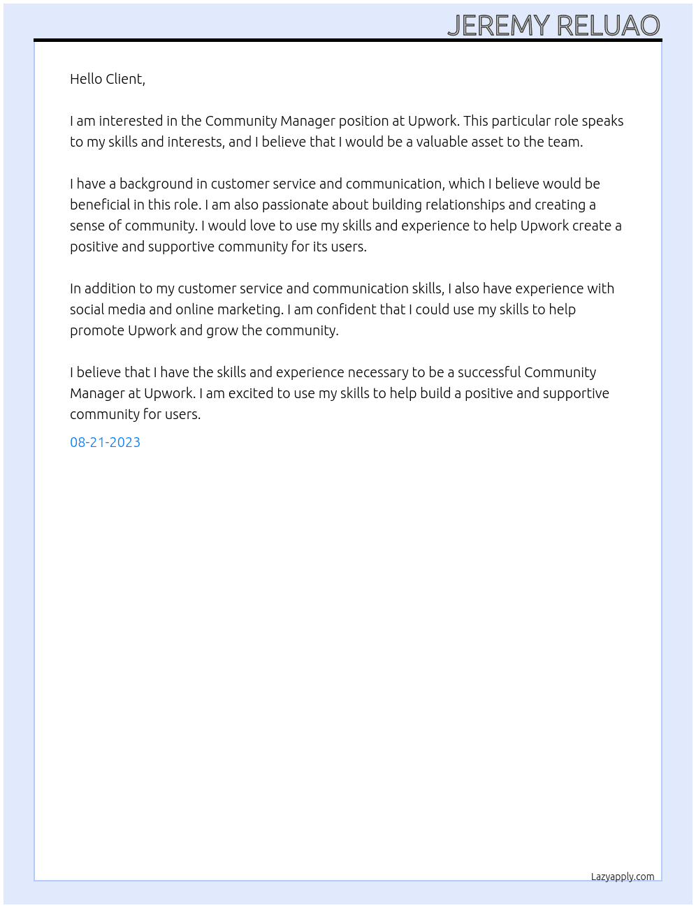 Community Manager At Upwork  Cover Letter