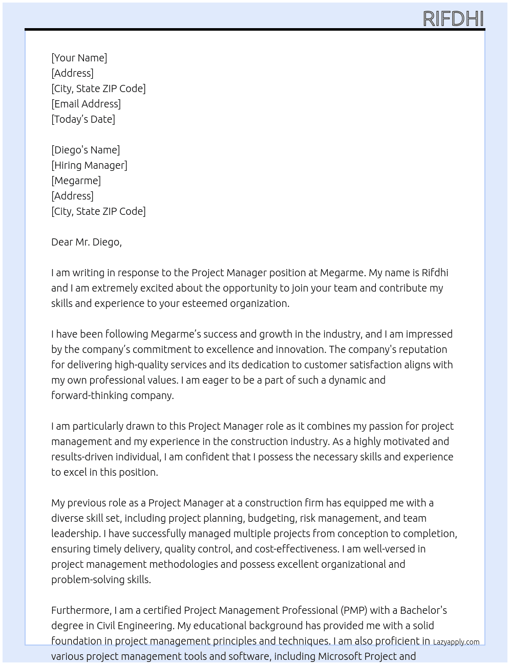 Project Manager At Megarme Cover Letter
