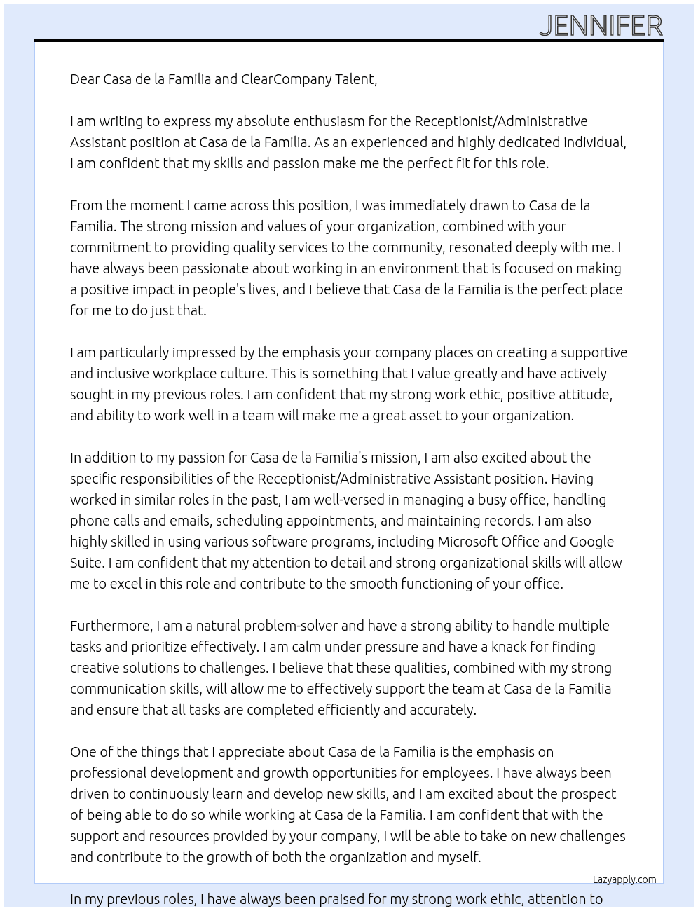 Receptionist/Administrative Assistant At Casa de la Familia Cover Letter