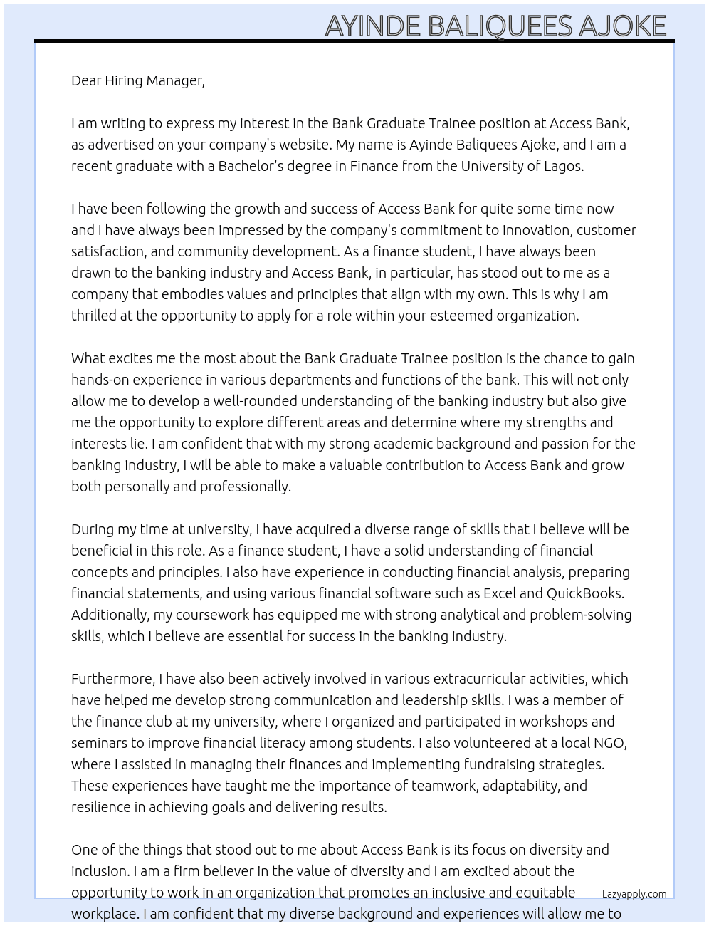 Bank graduate trainee At Access Bank Cover Letter