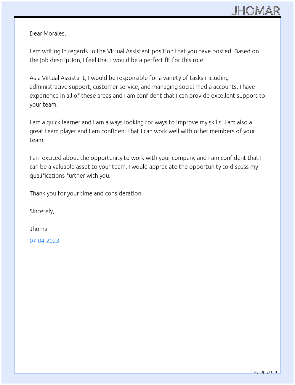 Virtual Assistant At support Cover Letter