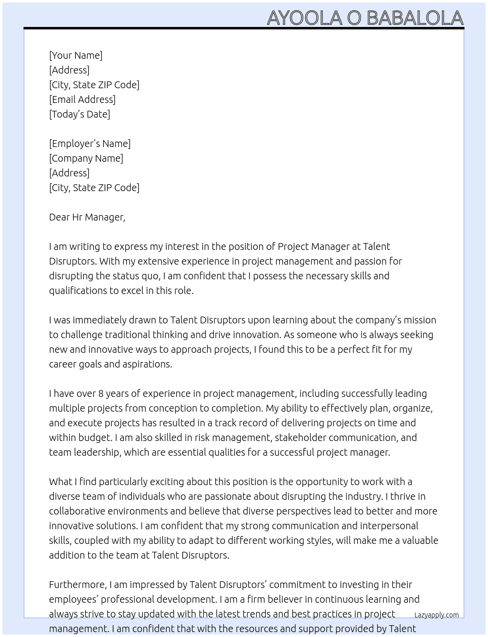 Project Manager At Talent Disruptors Cover Letter