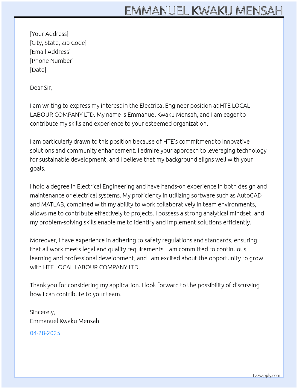 Electrical Engineer At HTE LOCAL LABOUR COMPANY LTD Cover Letter