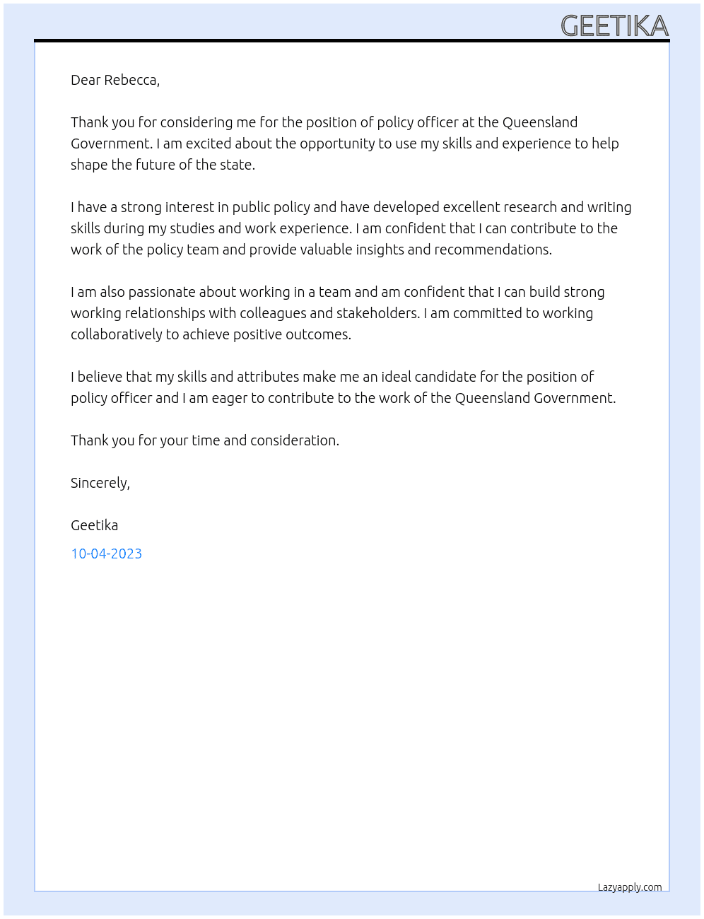 Policy officer At Queensland Government Cover Letter