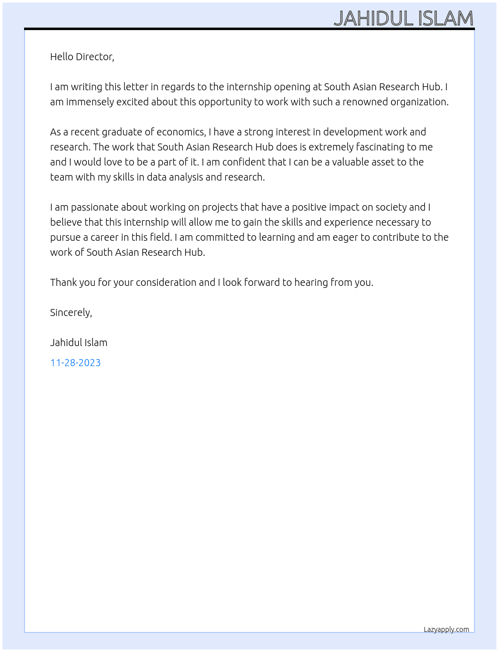 Internship At South Asian Research Hub Cover Letter