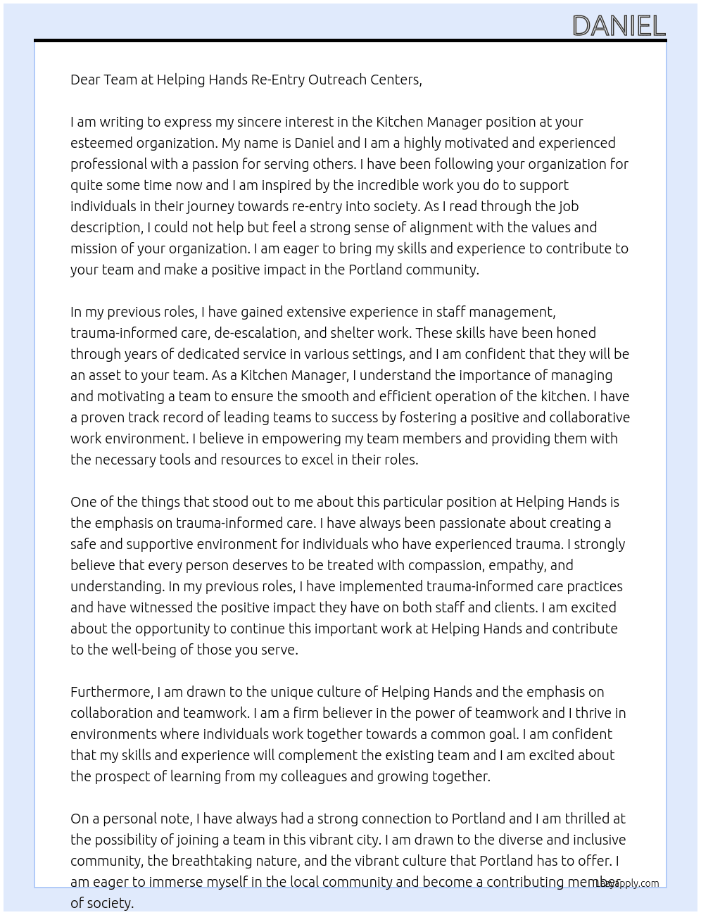 Kitchen manager  At Helping hands re-entry outreach centers Cover Letter