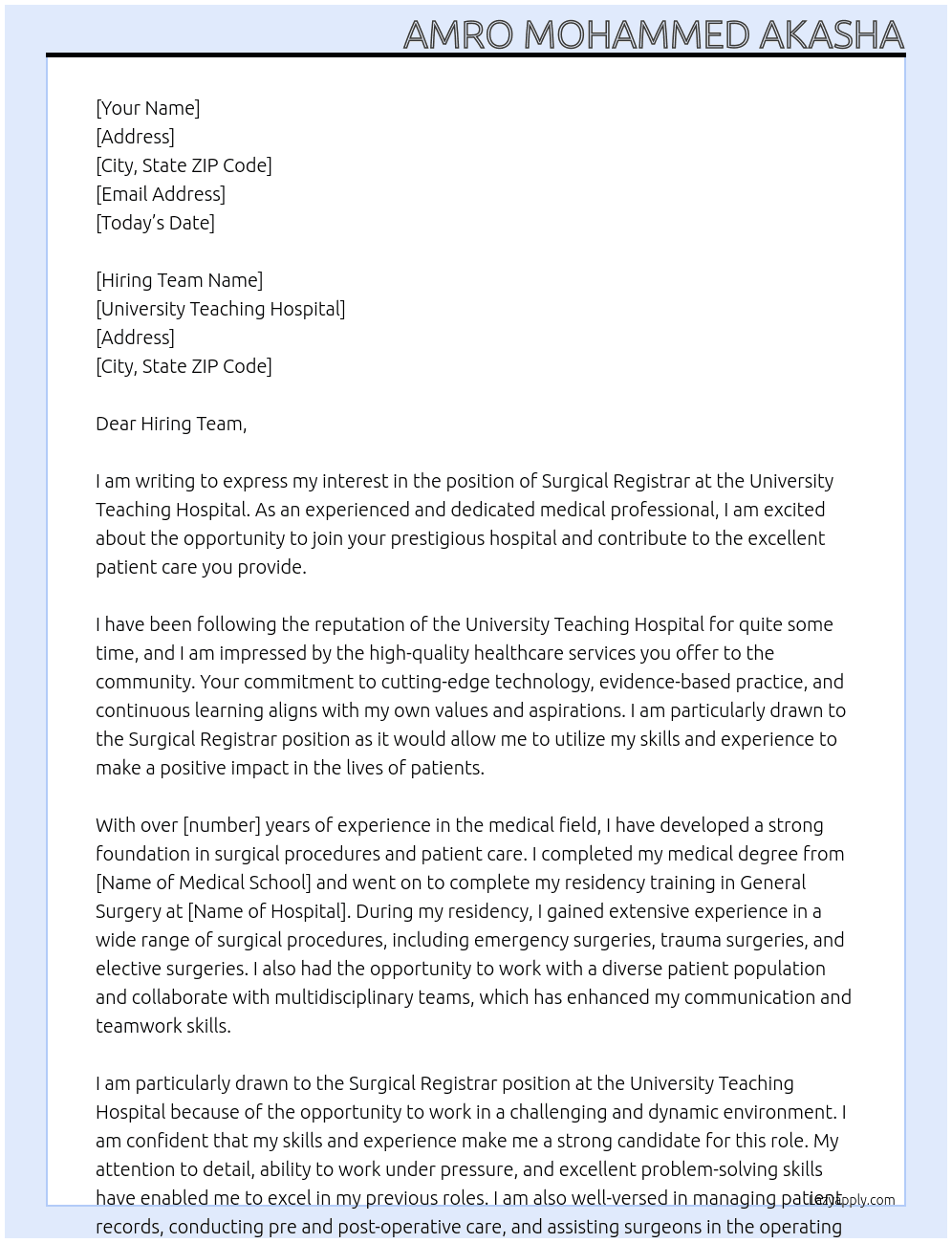 surgical registar At university teaching hospital Cover Letter