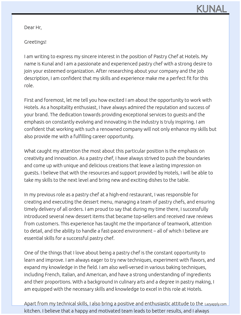 Pastry chef  At Hotels  Cover Letter