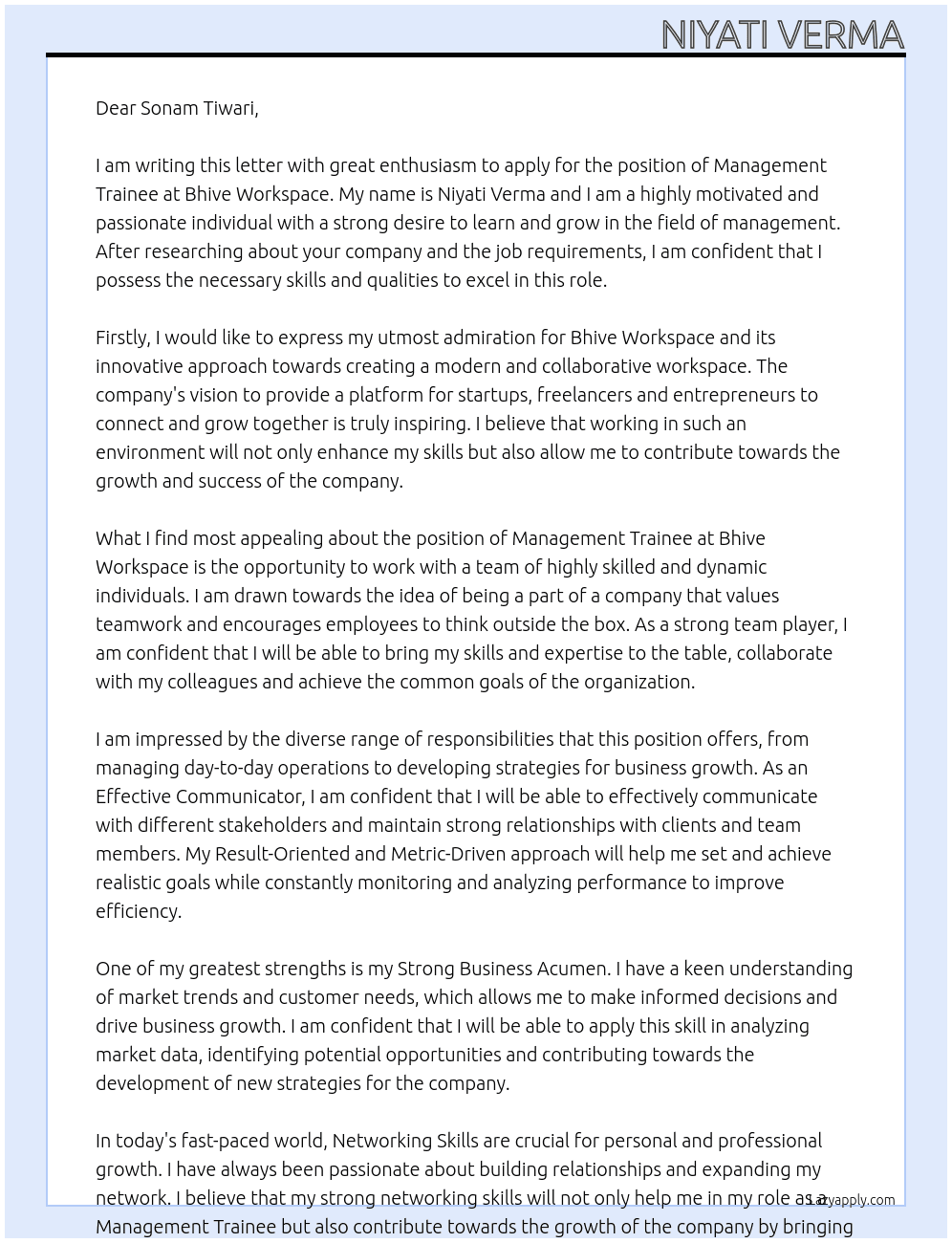 management trainee At bhive workspace Cover Letter