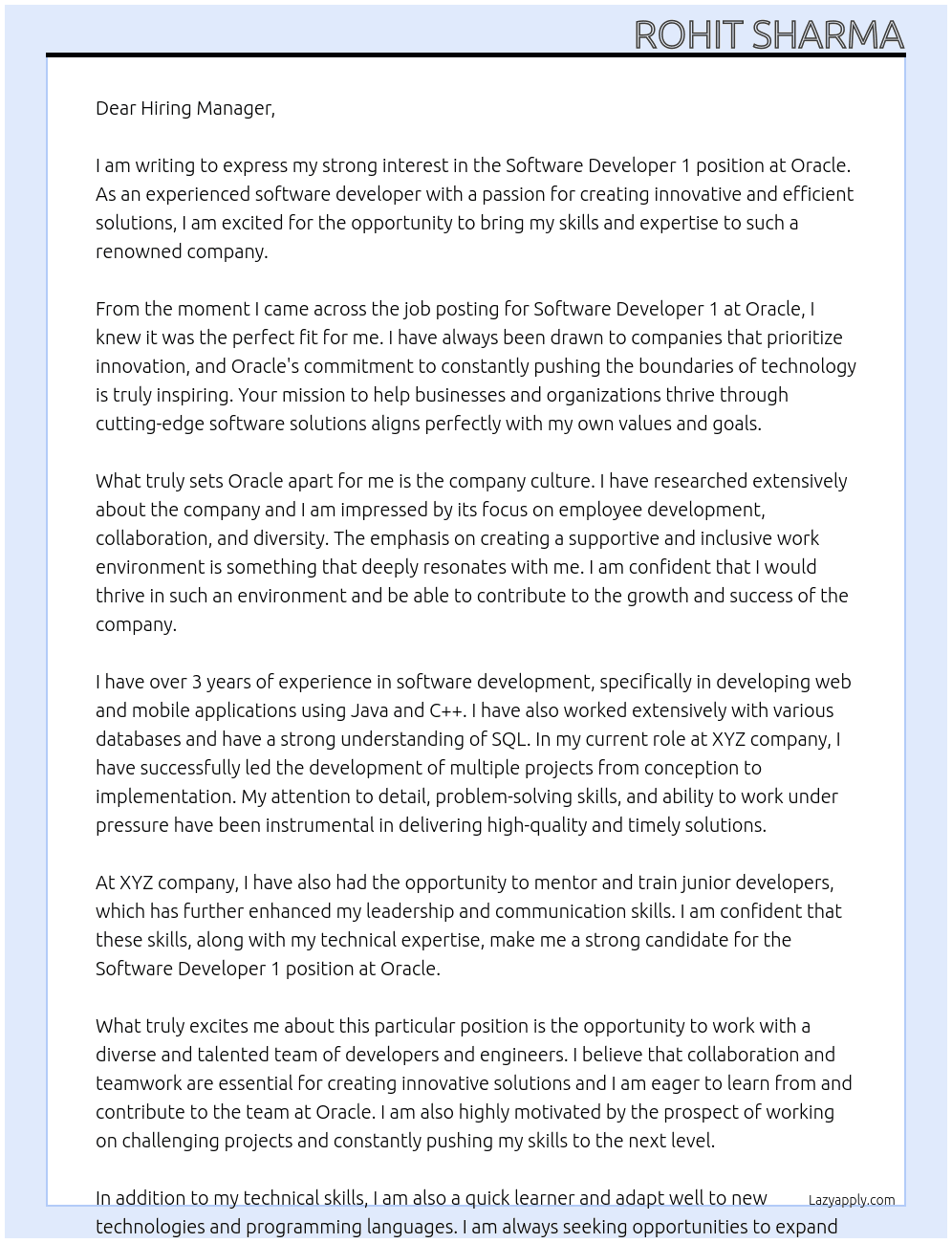 Software Developer 1 At oracle Cover Letter