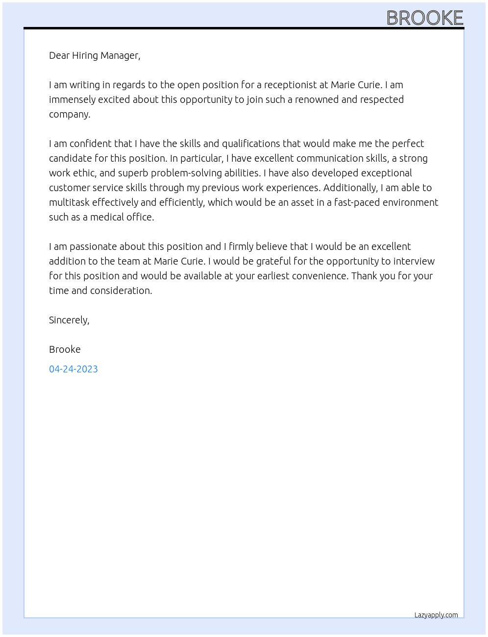 receptionist  At marie curie Cover Letter