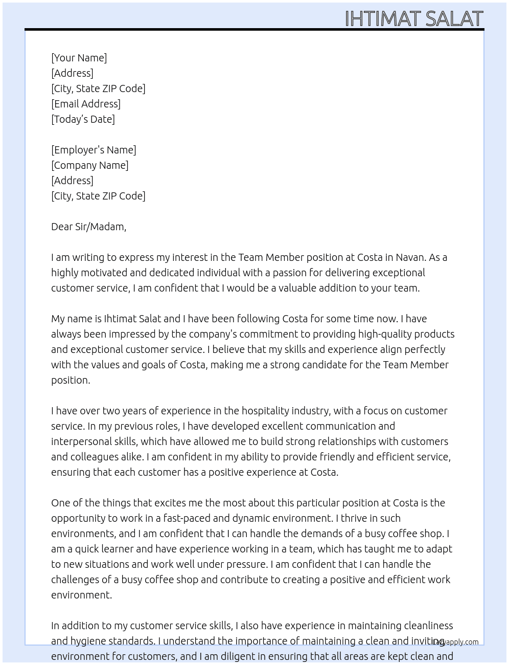 Cover letter for team members at costa - LazyApply