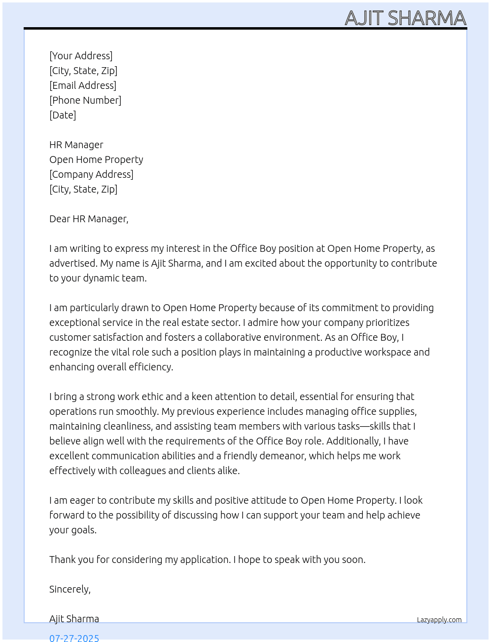 Office boy At Open home property  Cover Letter