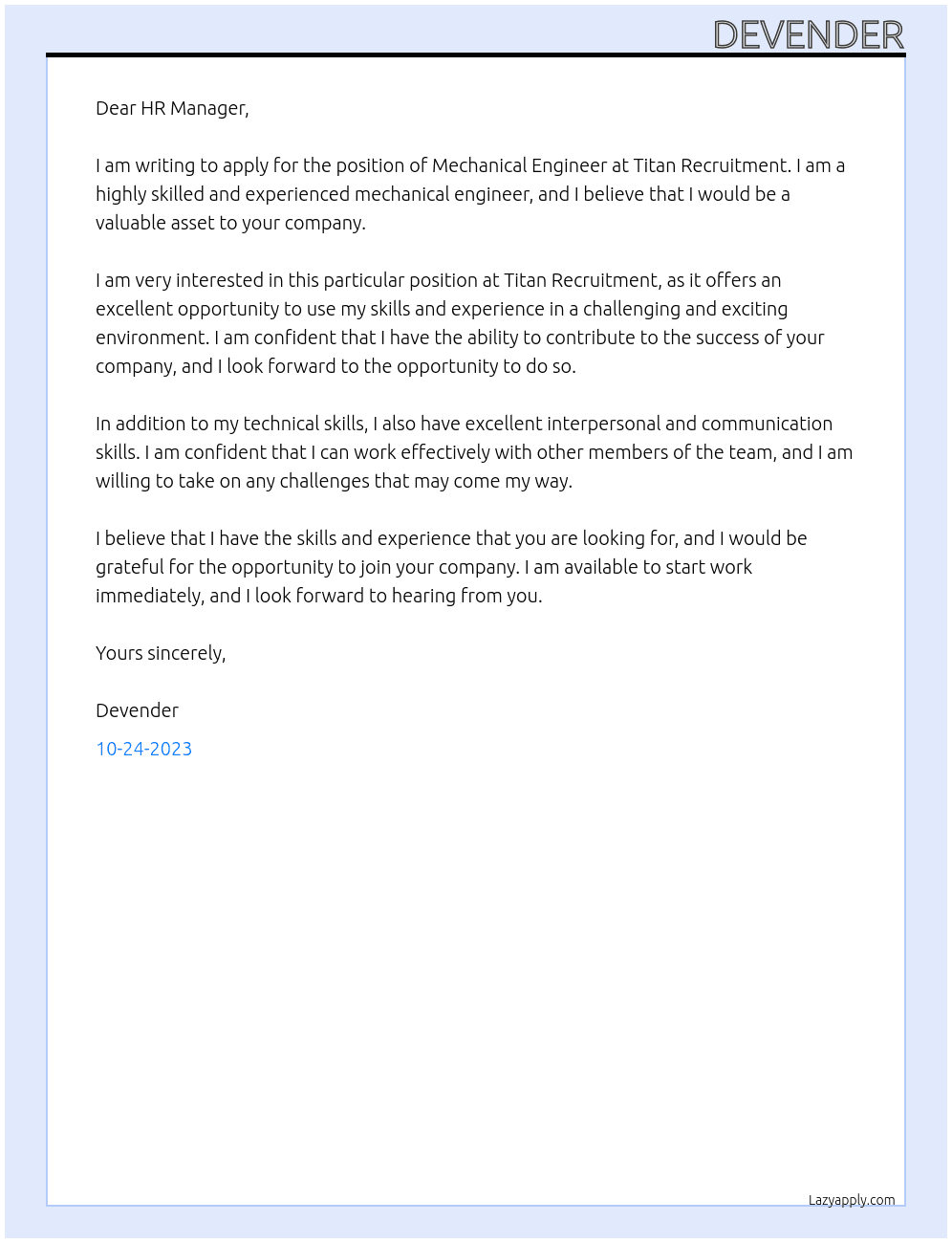 mechanical engineer At titan recruitment Cover Letter