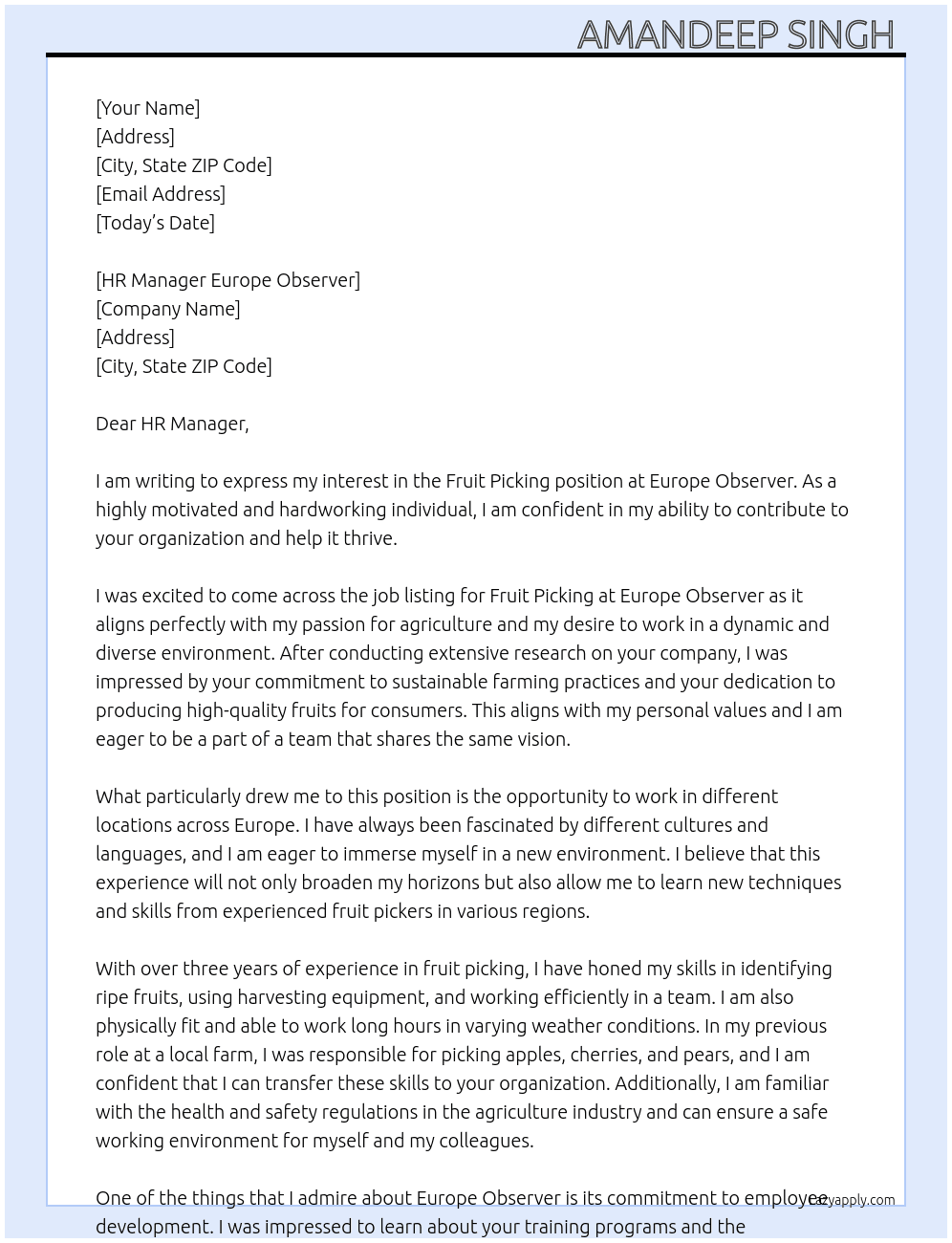 Fruit Picking  At Europe observer Cover Letter