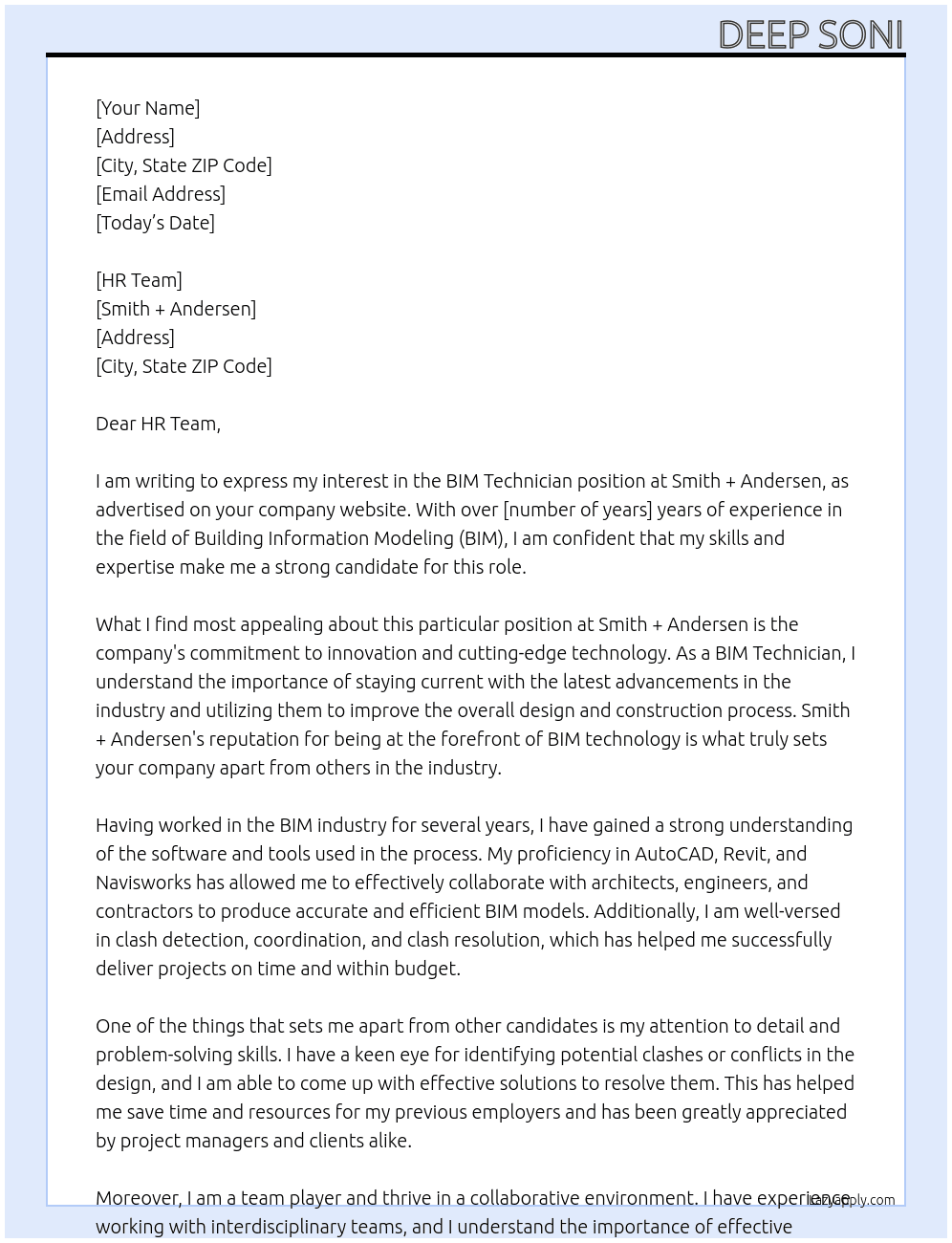 BIM Technician At Smith + Andersen Cover Letter