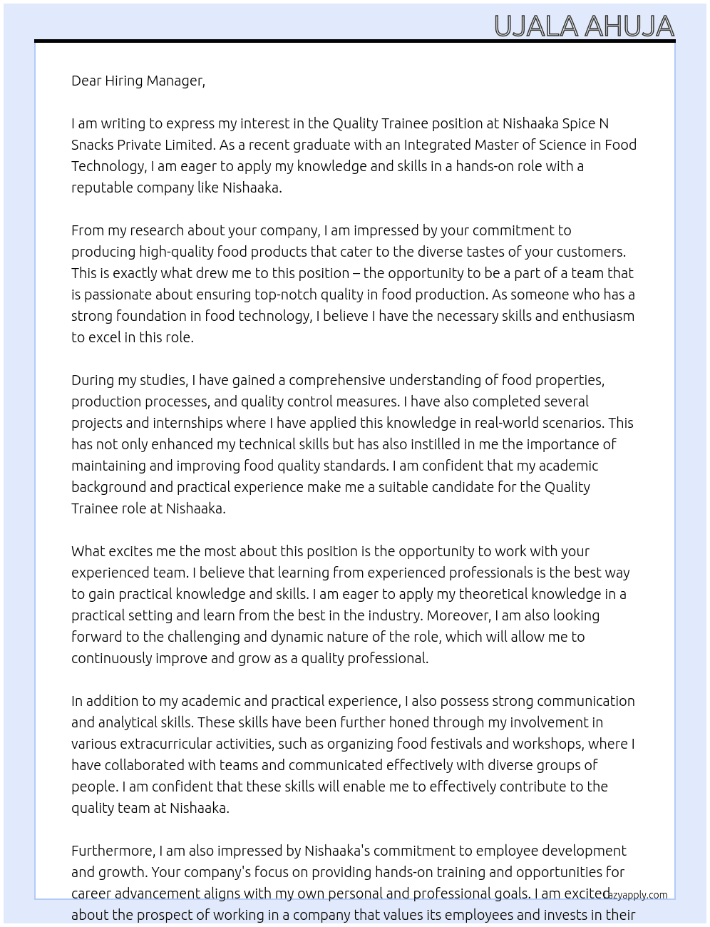 Quality Trainee At Nishaaka Spice N Snacks Private Limited Cover Letter
