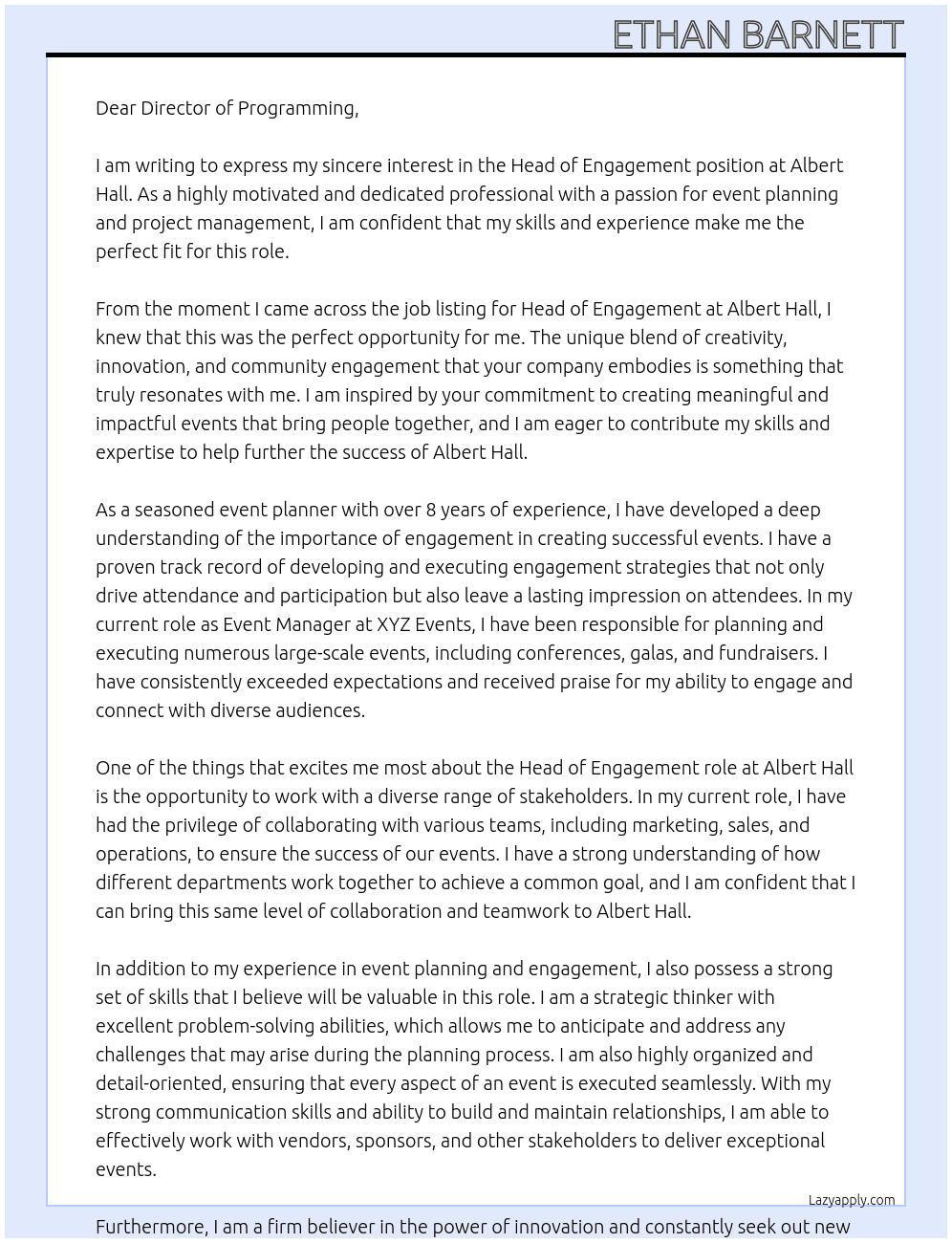 head of engagement At albert hall Cover Letter