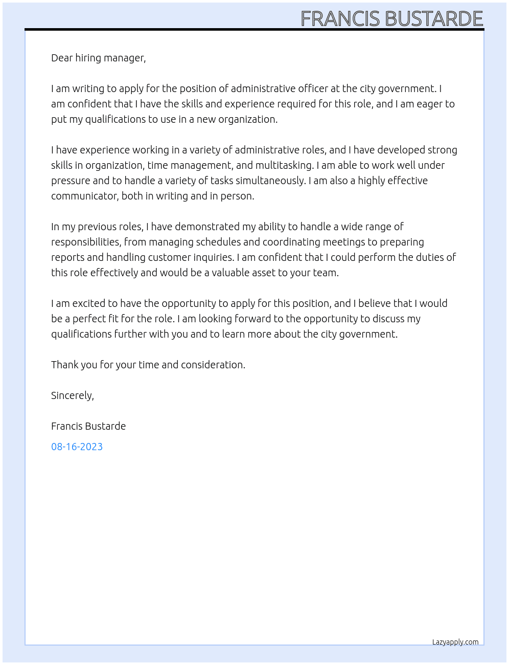 admistrative officer At city givernment Cover Letter