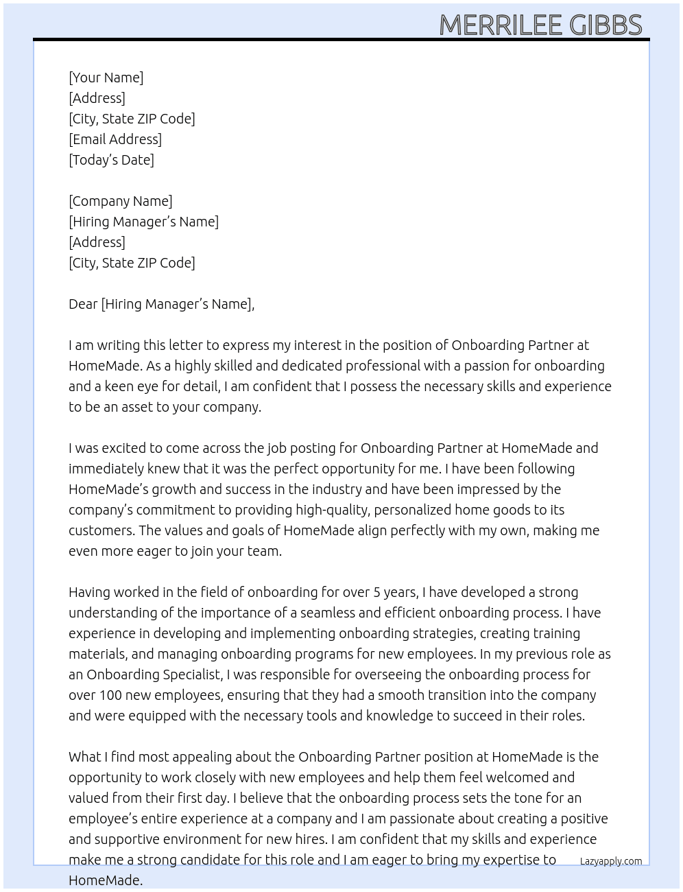 Onboarding Partner At HomeMade Cover Letter