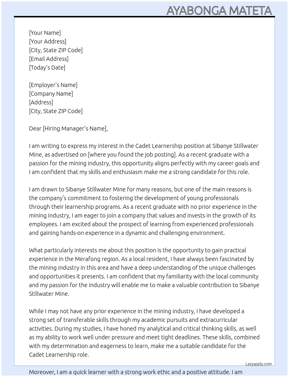 Cover letter for cadet learnership - LazyApply