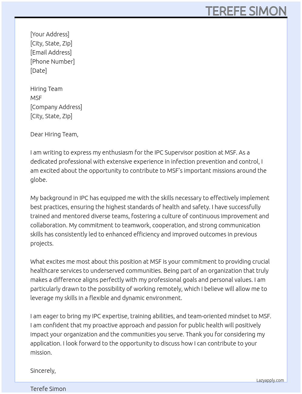 Cover letter for ipc supervisor - LazyApply