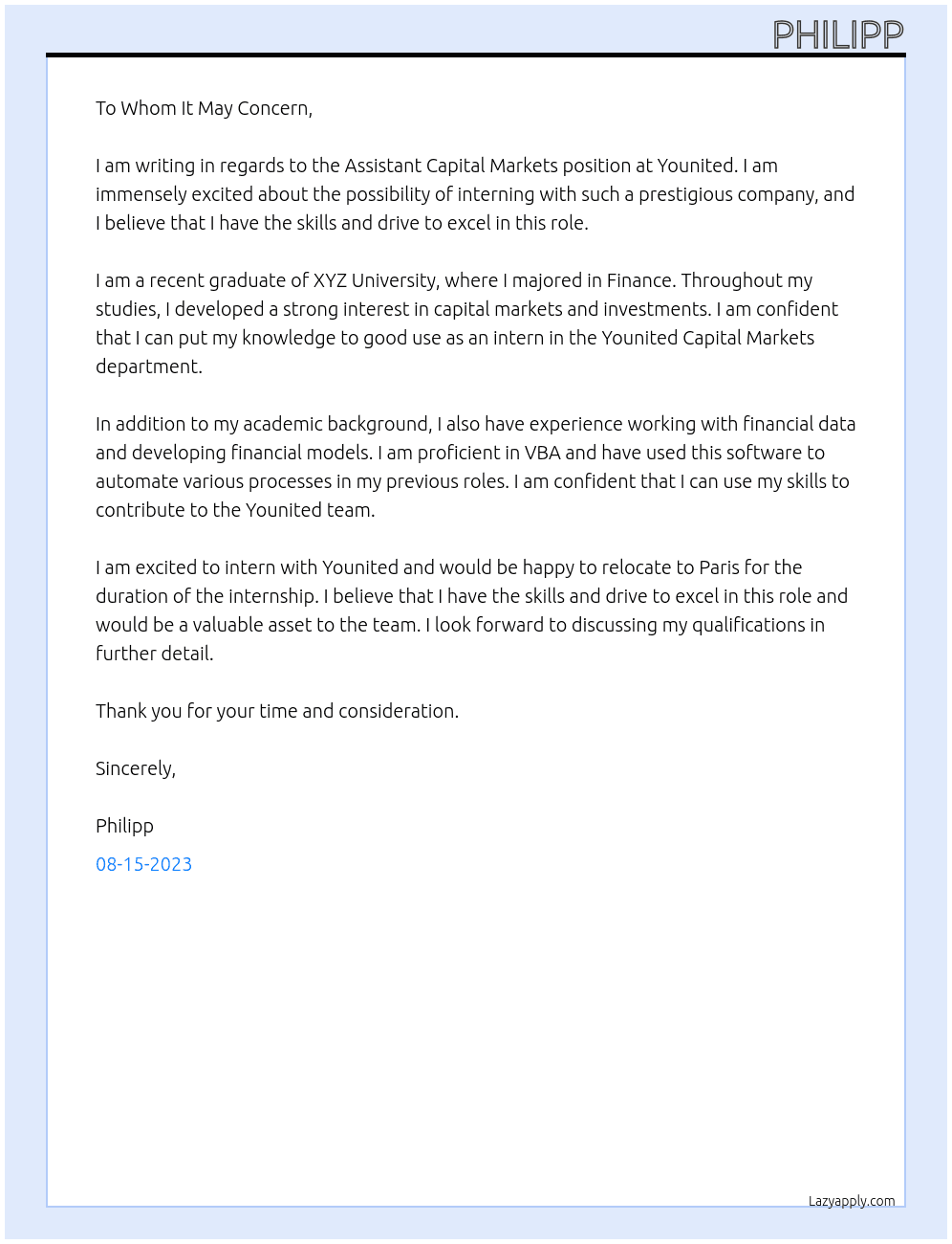Assistant Capital markets At Younited Cover Letter