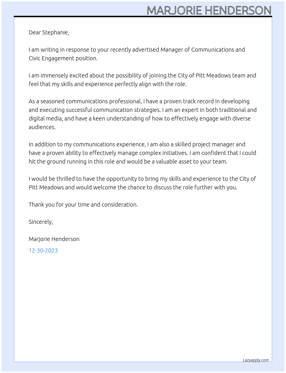 Manager of Communications and Civic Engagement  At City of Pitt Meadows Cover Letter