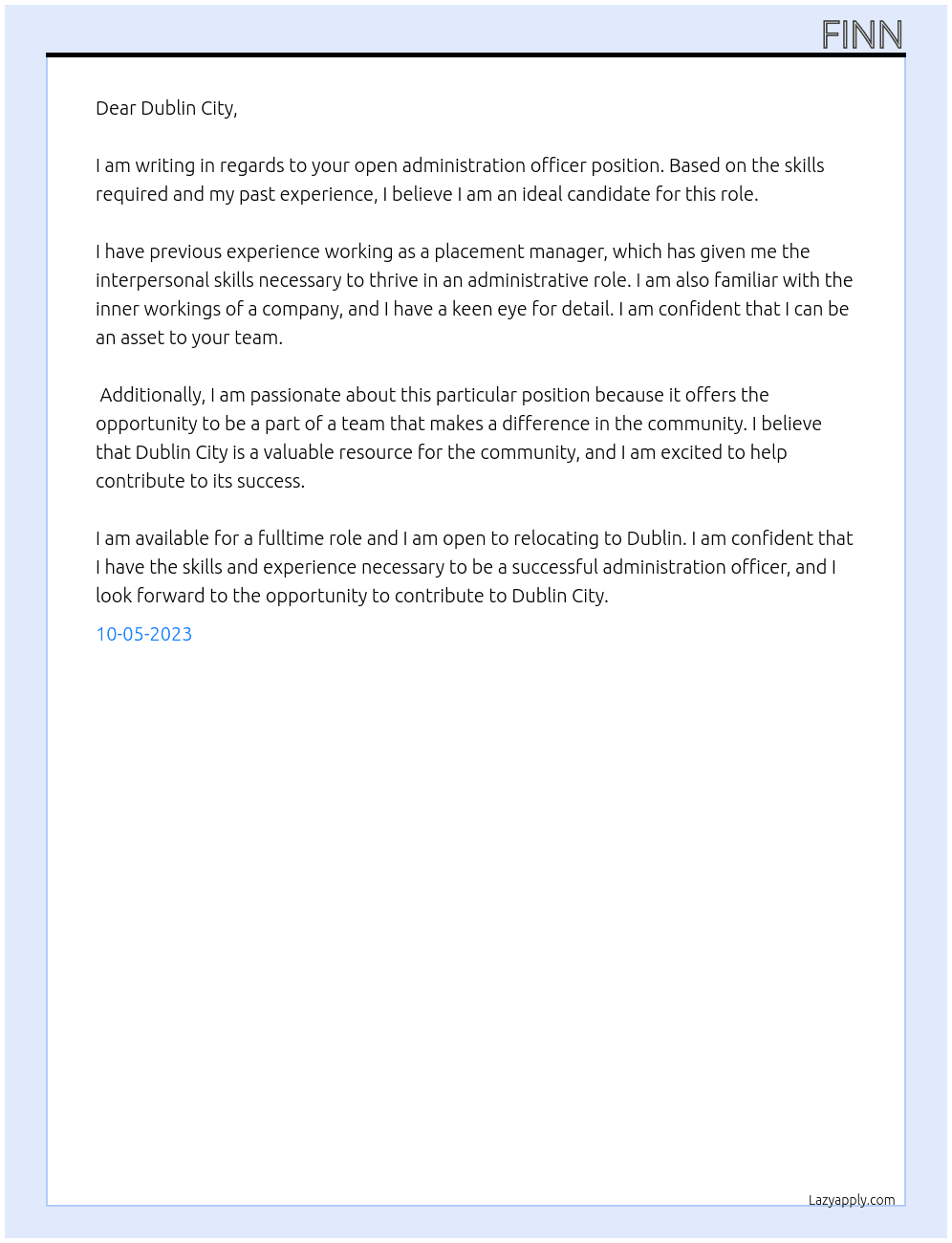 Administration Officer At Dublin City Cover Letter