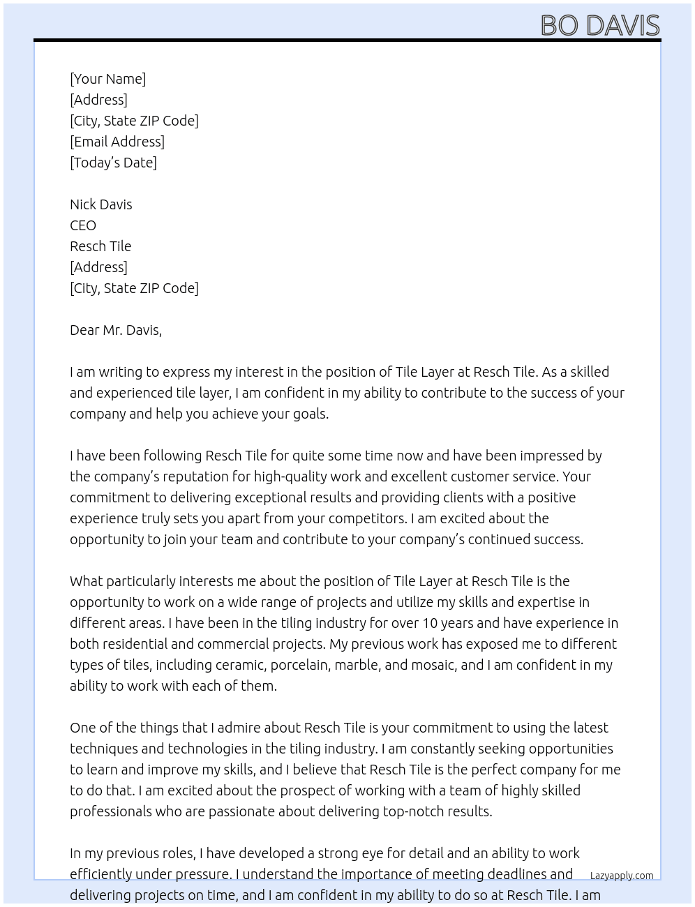 Tile Layer At Resch Tile Cover Letter