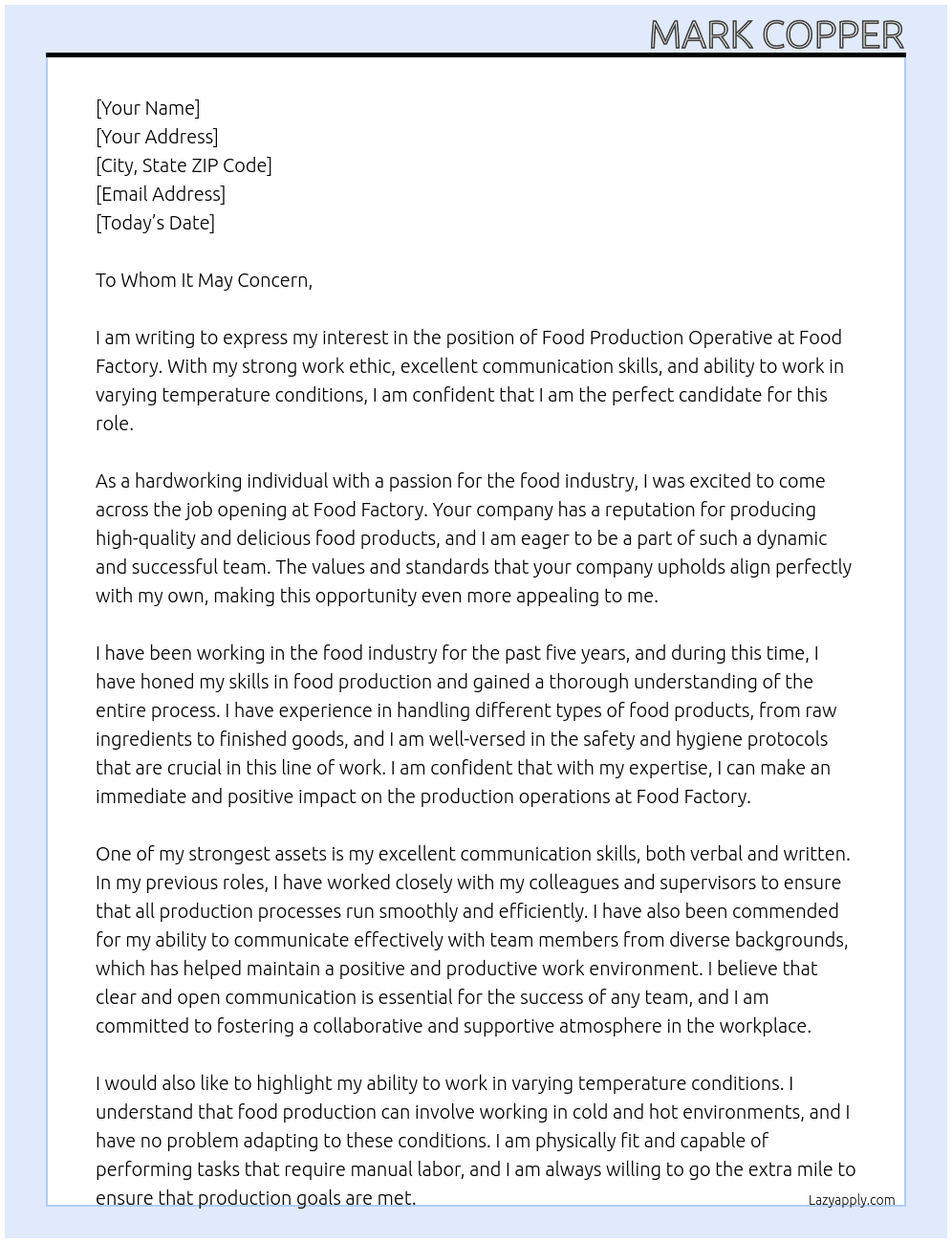 Food production operative At Food factory  Cover Letter