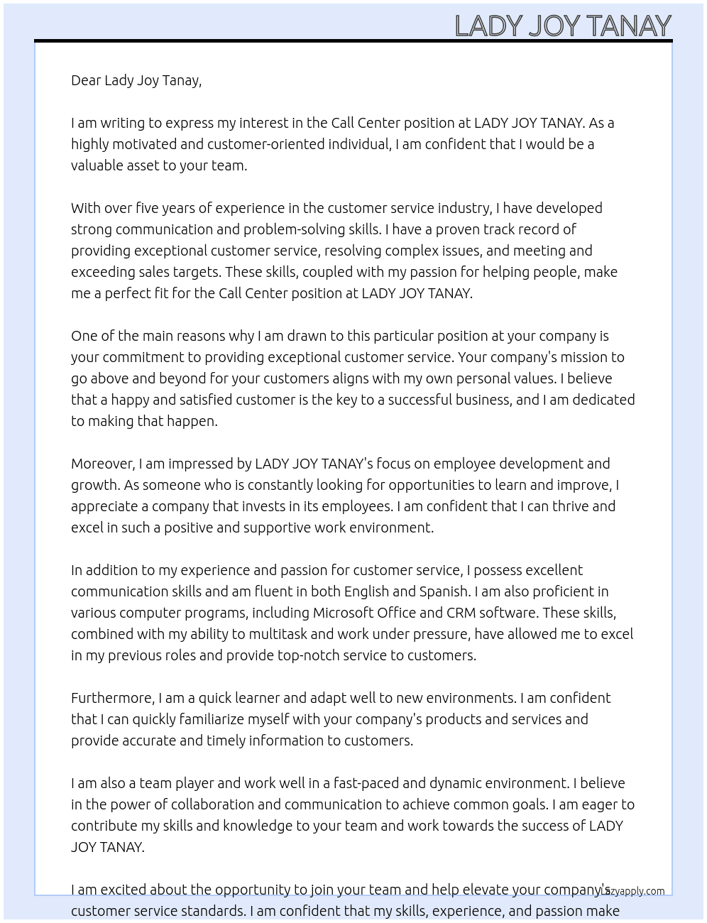call center At LADY JOY TANAY Cover Letter