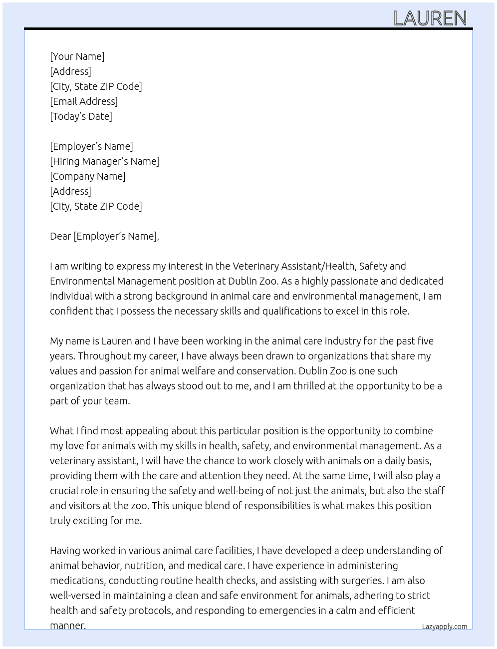 Veterinary assistant/health, safety and environmental management  At Dublin zoo Cover Letter