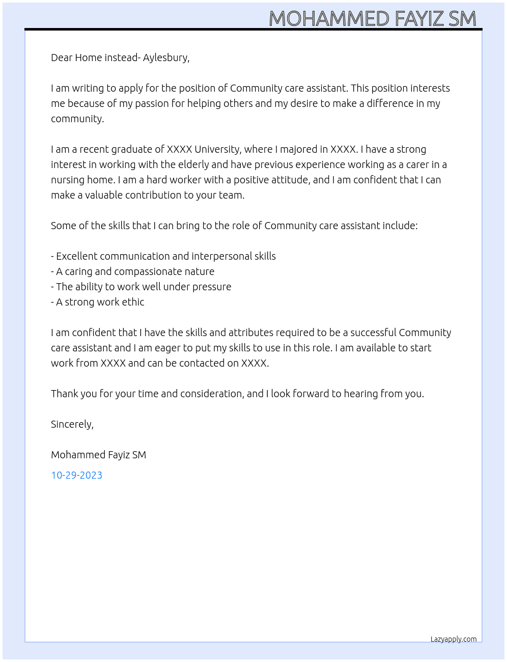 Community care assistant  At Home instead- Aylesbury  Cover Letter