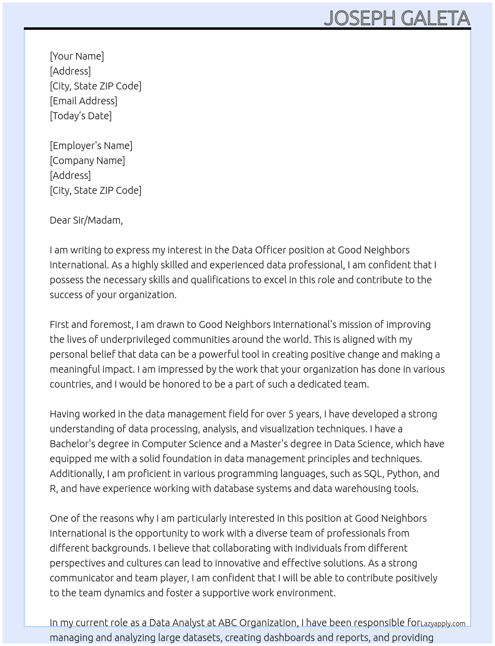 data officer At good neighbors international Cover Letter
