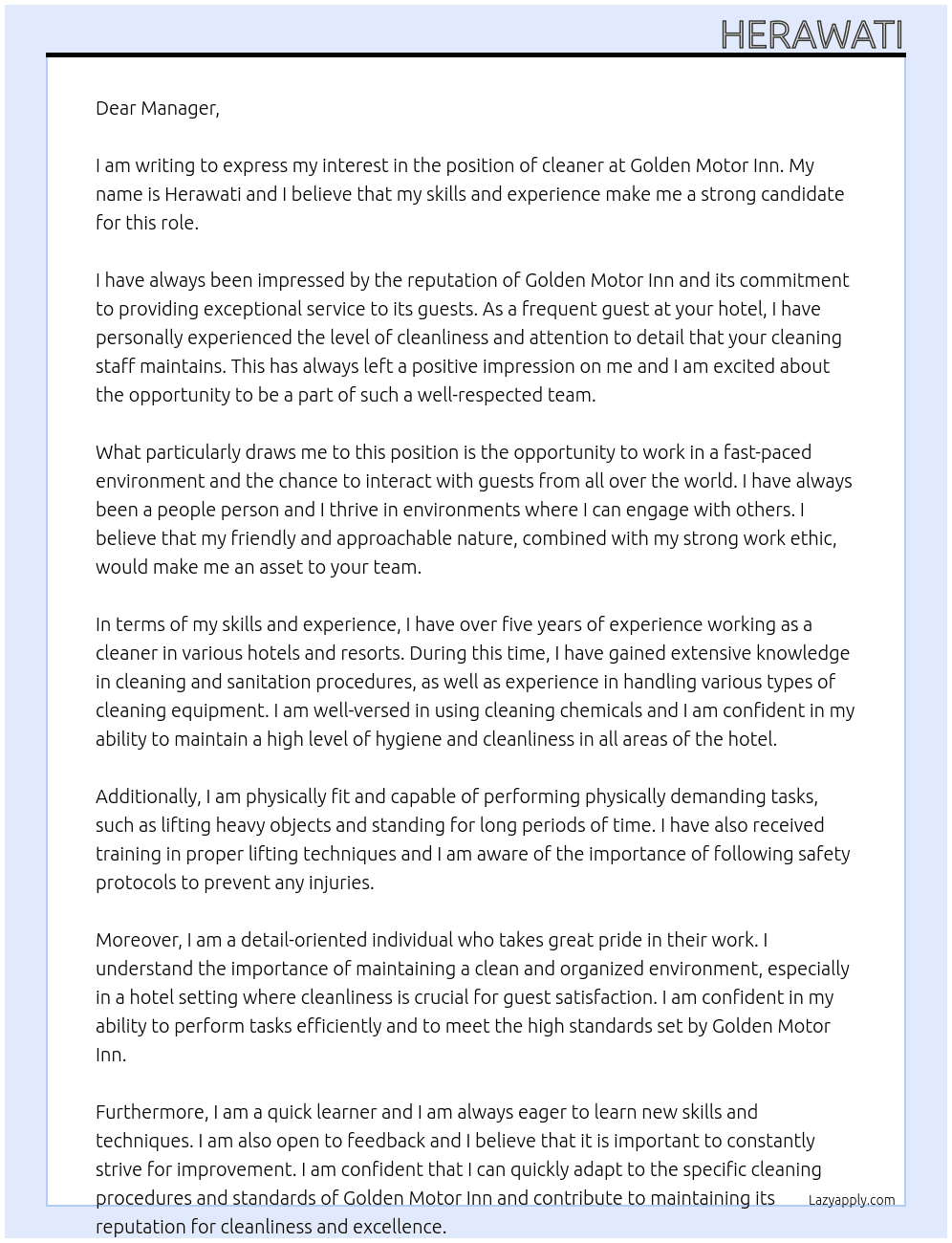 cleaner At Golden Motor Inn Cover Letter